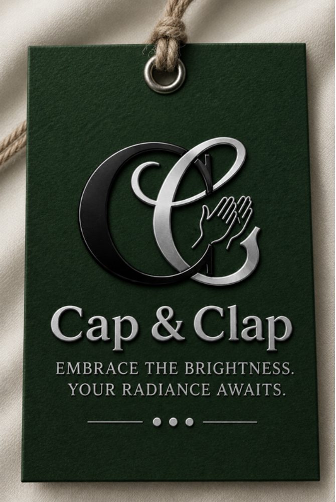 Forest green hang tag with the silver and black C monogram and clapping hands